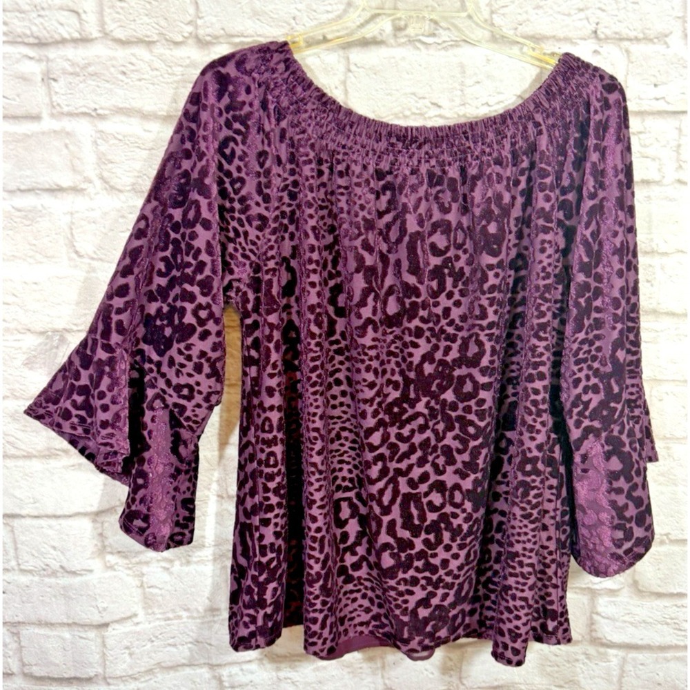 Belle by Kim Gravel XL Burgundy Velvet Top On Off Shoulder Peasant Smocked Flare